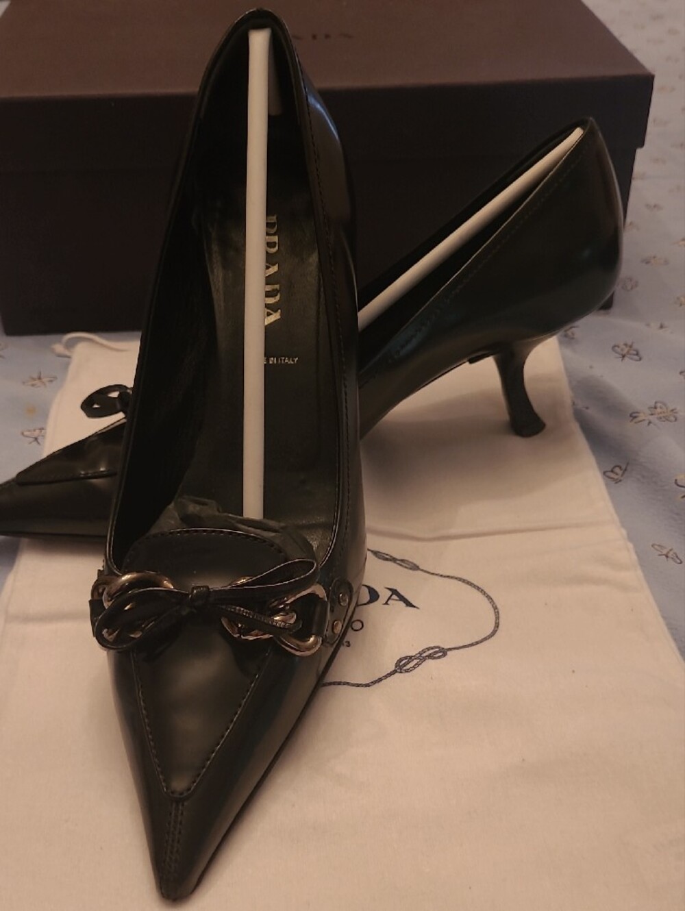 Prada Black Patent Leather Kitten Heel Pumps with Chain Detail